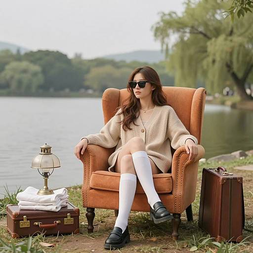 Woman in Beige Cardigan Seated by Lake
