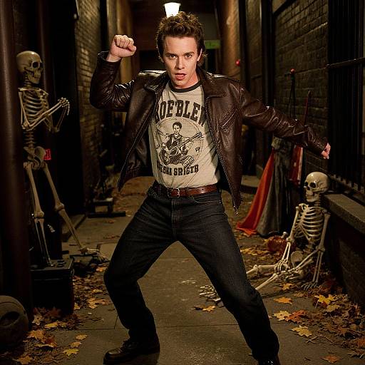 Photograph of a man in a black leather jacket and 