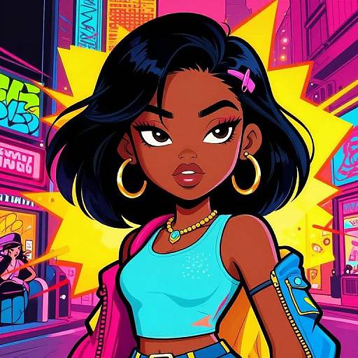 Digital illustration of a confident Black woman with dark skin, black bob haircut, hoop earrings, blue crop top, and colorful jacket, standing in a vibrant