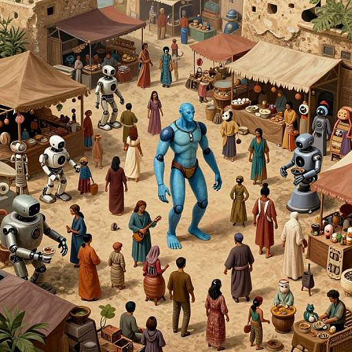Digital artwork of a bustling medieval market with blue humanoid robot at center, surrounded by diverse, colorful characters, robots, and vendors.