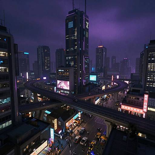 Nighttime cityscape photograph of a bustling urban skyline with tall buildings, illuminated signs, a busy intersection, and a freeway. Purple and blue hues dominate