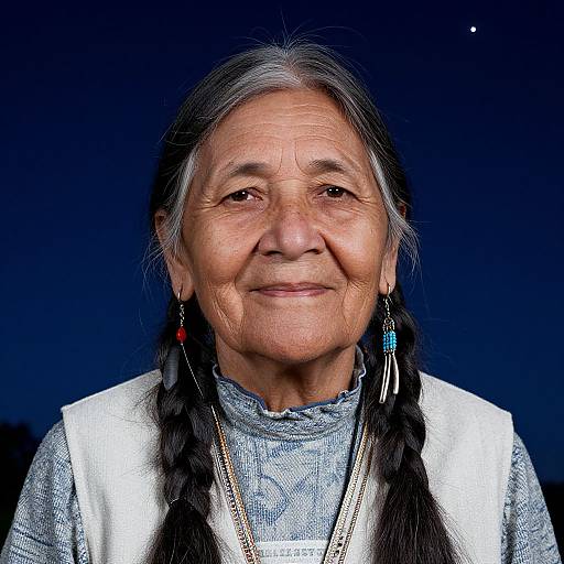 Photograph of an elderly Native American woman with long black braided hair, wearing a white vest over a blue patterned shirt, dark blue background.