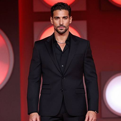 Photograph of a handsome man with short dark hair and trimmed beard, wearing a black suit and black shirt, standing confidently on a red-lit runway