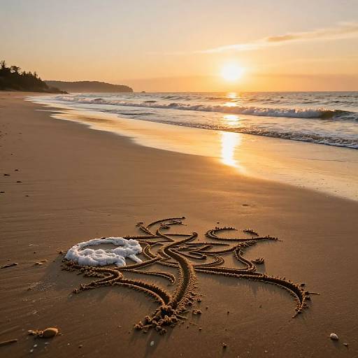 Photograph of a serene beach at sunset, with the sun reflecting on the wet sand, and intricate star-shaped sand patterns in the foreground.