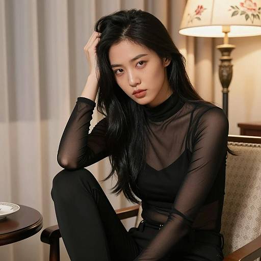 Woman in Sheer Black Top Sitting on Chair