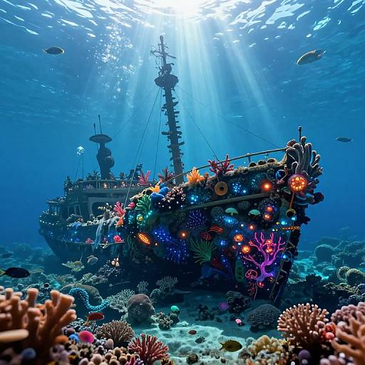 Photograph of a sunlit, shipwreck-covered underwater scene with colorful corals, marine life, and diverse fish, surrounded by a vibrant blue