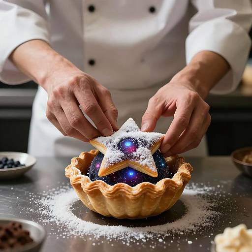 Photograph of a chef's hands dusting a star-topped, blue-filled, fluted tart with powdered sugar on a kitchen counter.