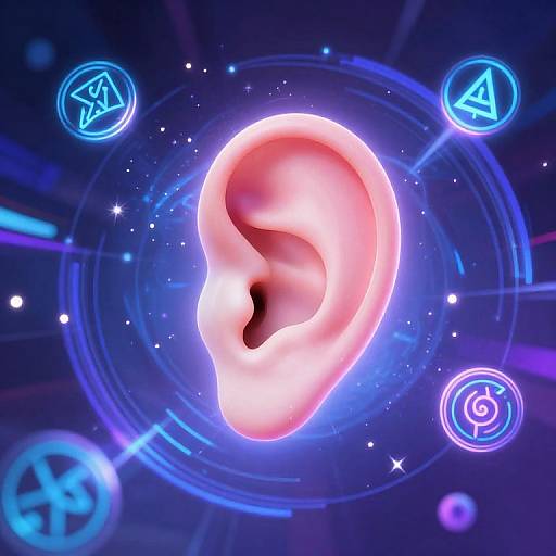 Digital CGI of a glowing pink human ear surrounded by neon blue astrological symbols and starry space background, creating a futuristic, mystical effect.