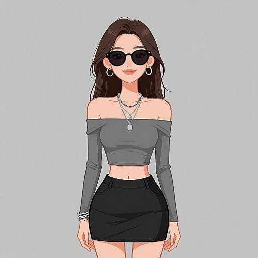 Stylish Woman in Gray Crop Top and Black Skirt