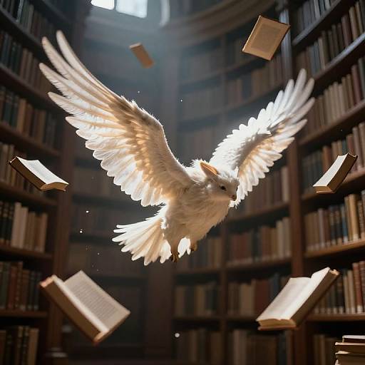 Photograph of a white dove with glowing wings flying through a dimly lit library, surrounded by floating, illuminated books.