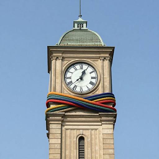 Photograph of a stone clock tower with a green dome, wrapped in colorful ropes (red, yellow, blue), against a clear blue sky.