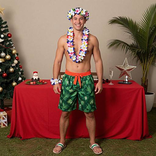 Photograph of a smiling, shirtless man in green leaf-patterned shorts, floral lei, and wristband, standing in front of a Christmas tree
