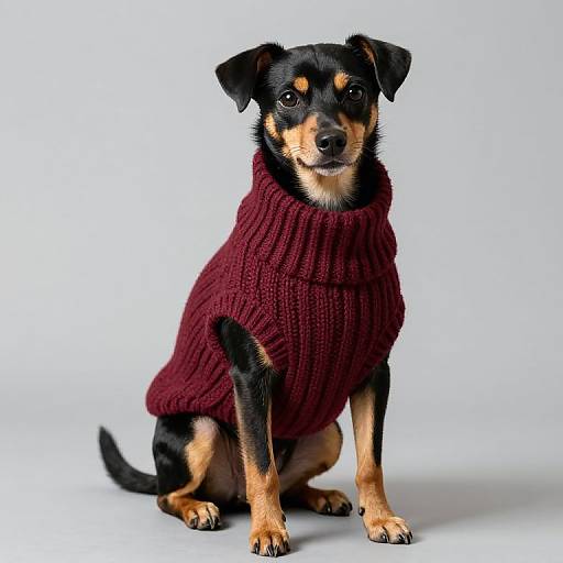 Photograph of a black and tan small dog with a cute expression, sitting and wearing a thick, maroon knit sweater, against a plain white background