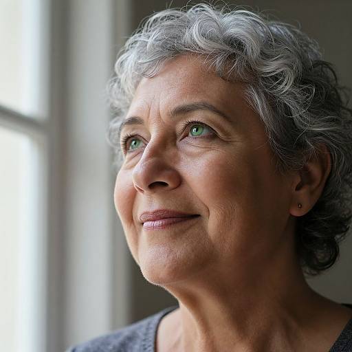 Photograph of an elderly woman with short, curly gray hair, green eyes, and a subtle smile, looking upward, bathed in soft natural light