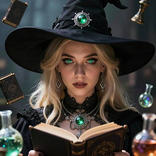 Enchanting Witch Portrait with Spellbooks