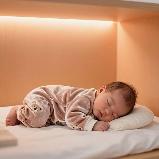 Photograph of a sleeping baby in a pink velvet onesie with animal prints, lying on a white pillow in a softly lit, orange-toned crib