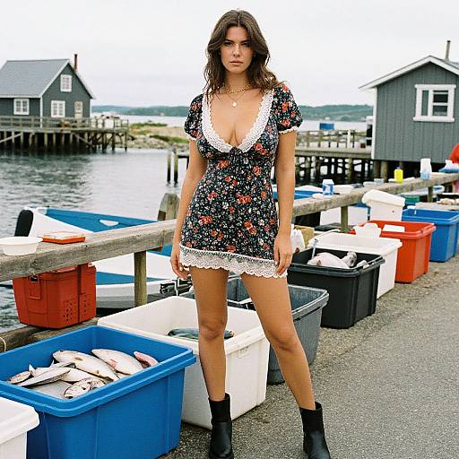 Photograph of a woman with wavy brown hair in a deep V-neck floral dress and black ankle boots, standing on a dock with colorful coolers