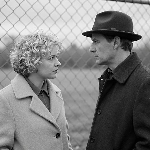 Black and White Portrait of Man and Woman by Chain-Link Fence