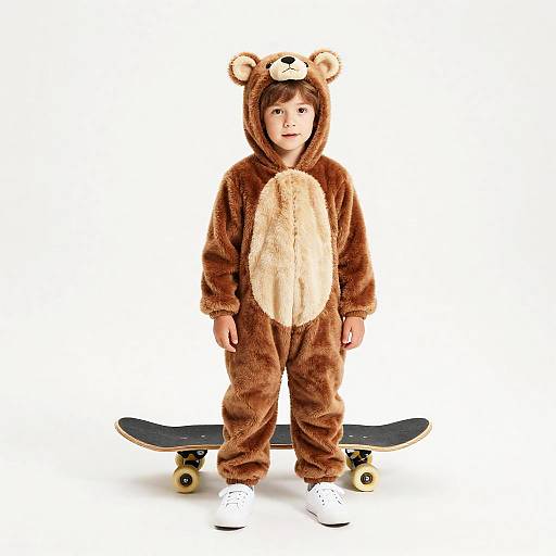 Young Boy in Bear Costume with Skateboard