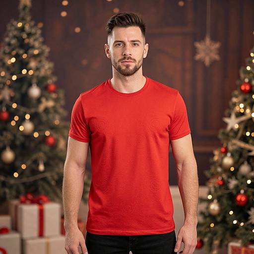 Photograph of a bearded, muscular man with short dark hair wearing a red t-shirt, standing in front of decorated Christmas trees with blurred ornaments and