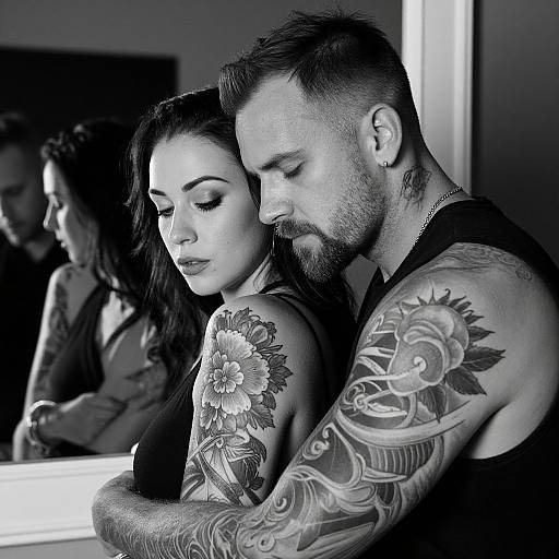 Black-and-white photograph of a tattooed couple; man with shaved head, beard, and sleeve tattoos embraces woman with floral tattoo on shoulder, both eyes