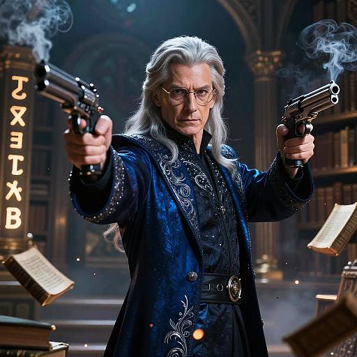 Elderly man with long white hair, glasses, and blue embroidered robe, dual-wielding smoky guns in a dimly lit, library-like