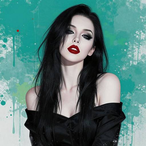 Gothic-style photograph of a pale woman with long black hair, red lipstick, and off-shoulder black top, against a turquoise, spl