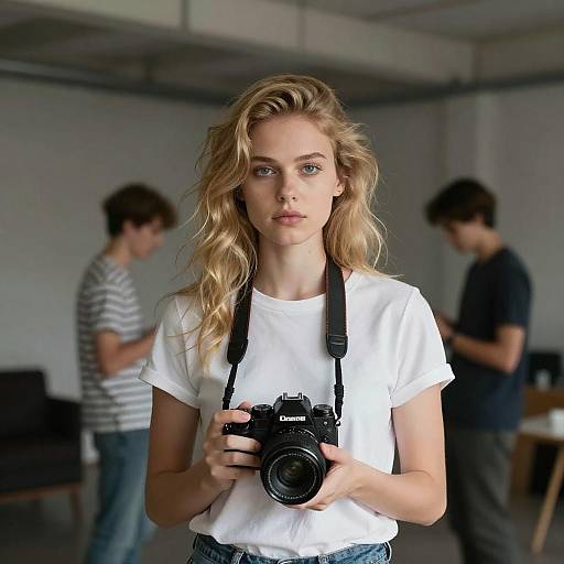 Blonde Woman Photographer in Industrial Room