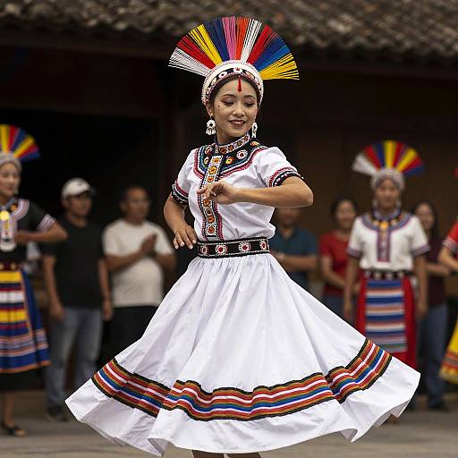 Photograph of a smiling Asian woman in a white traditional dress with colorful trim, feathered headdress, and red dot on forehead, dancing outdoors in