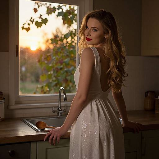 Photograph of a blonde woman with long wavy hair, wearing a white, backless dress, standing in a dimly lit kitchen at sunset,