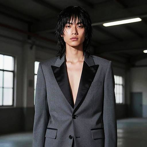 Non-binary model in tailored suit with heavy fringe hairstyle