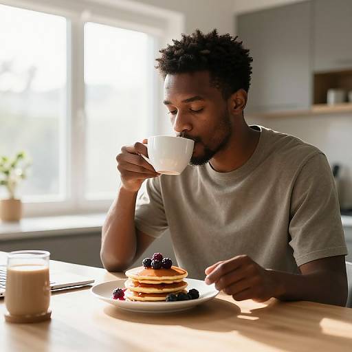 Photograph of a Black man with short curly hair, beard, wearing a gray t-shirt, sipping from a white cup, eating pancakes with blue