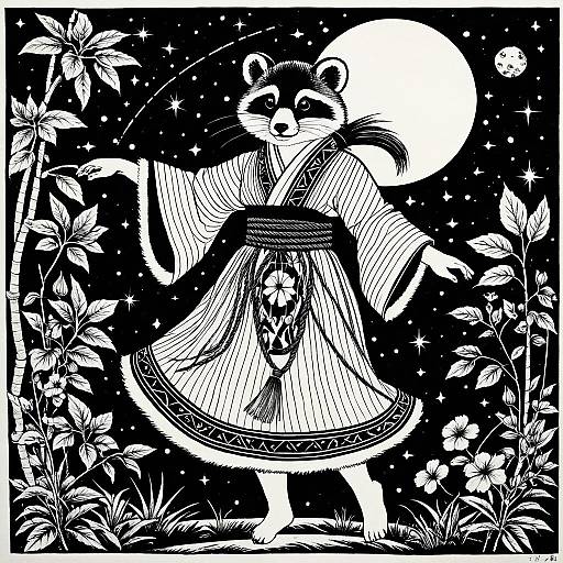 Tanuki Goddess Dancing Woodcut