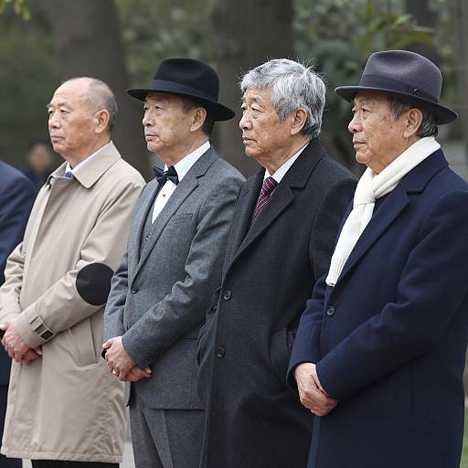 Four Older Asian Men Standing Outdoors