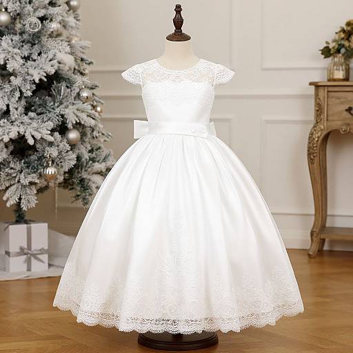 Photograph of a glowing white lace children's dress on a mannequin, next to a snow-covered Christmas tree in a decorated room.