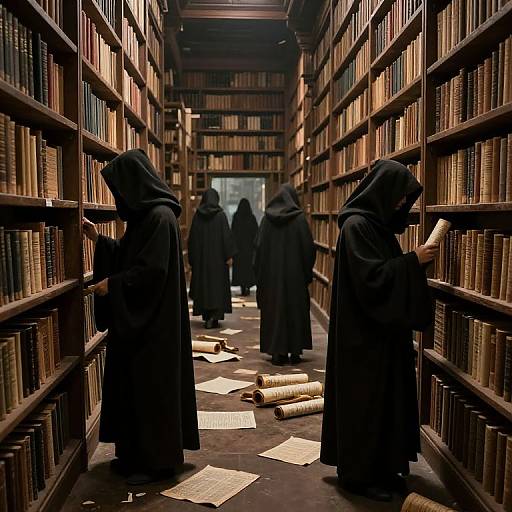 Photograph of four robed figures in a dimly lit library, searching through shelves of books, with scattered papers on the floor.