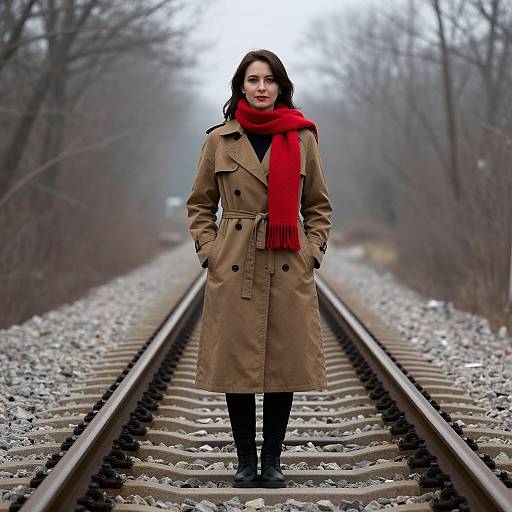 Photograph of a woman with dark hair, red scarf, tan coat, black pants, and boots standing on a foggy railway track.