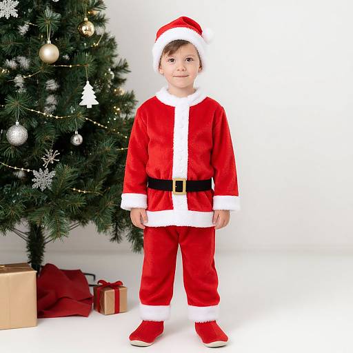 Photograph of a young child in a red Santa outfit with white trim, standing in front of a decorated Christmas tree.