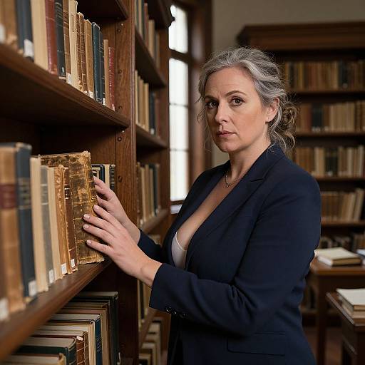 Photograph of a middle-aged white woman with gray hair, wearing a black blazer and white top, standing in a library, touching bookshelves