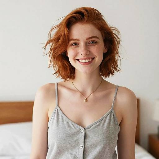Photograph of a smiling young woman with red, wavy hair, wearing a gray, buttoned spaghetti strap top, and a gold necklace, standing