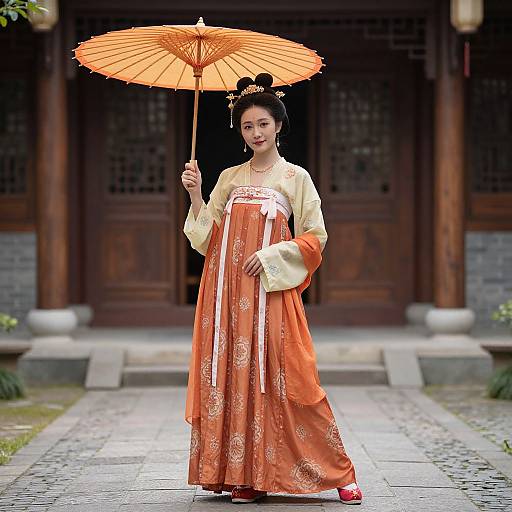 Photograph of an East Asian woman in traditional orange hanbok, holding an orange paper umbrella, standing in front of a wooden temple.