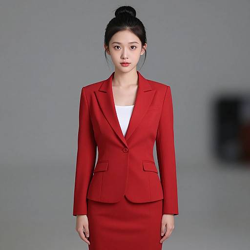 Realistic Woman in Red Blazer Skirt