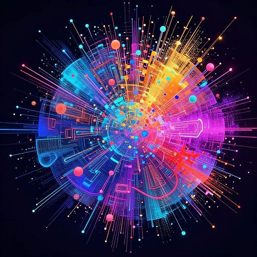 Vibrant digital abstract artwork featuring colorful neon circles, lines, and geometric shapes radiating from the center against a black background.