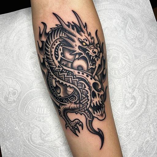Black intricate tattoo of a fierce dragon with detailed scales, horns, and sharp teeth on a person's forearm, set on white paper.