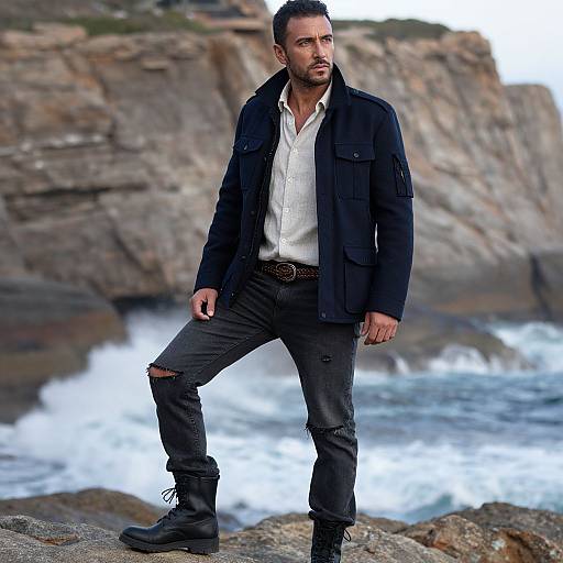 Photograph of a rugged, bearded man in a black jacket, white shirt, and torn black jeans standing on rocky coastal cliffs with ocean waves in