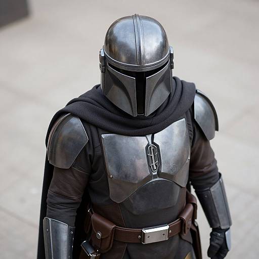 Photograph of a person in detailed, metallic Mandalorian armor with a black helmet, shoulder guards, and cape, standing outdoors.