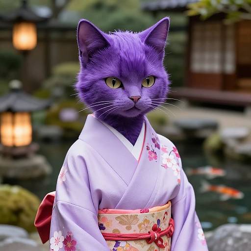 Photograph of a purple cat wearing a white floral kimono with red obi, standing in a traditional Japanese garden with lanterns and koi pond