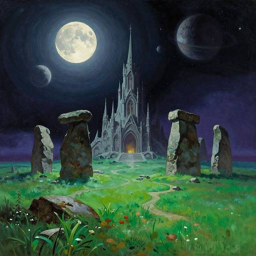 Fantasy night scene: Full moon, planets, and Gothic castle under starry sky, with ancient stone ruins and lush, moonlit grass in foreground
