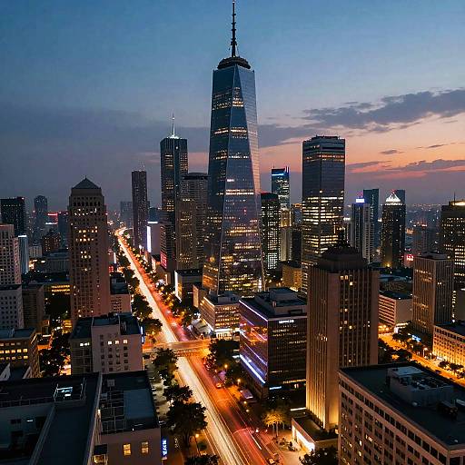 Photograph of a bustling city skyline at dusk, featuring the illuminated One World Trade Center, vibrant street lights, and a gradient sky from blue to orange