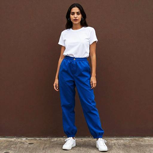 Woman in White Top and Blue Pants